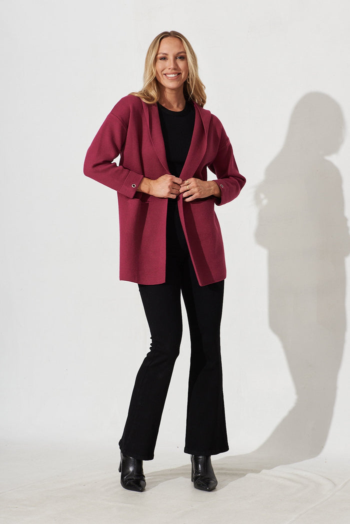 Leagrave Knit Hood Cardigan In Magenta Wool Blend - full length