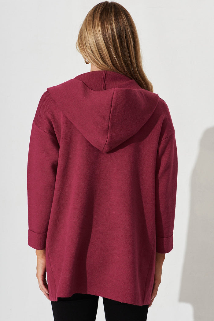 Leagrave Knit Hood Cardigan In Magenta Wool Blend - back