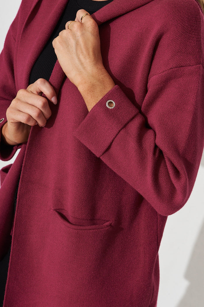 Leagrave Knit Hood Cardigan In Magenta Wool Blend - detail