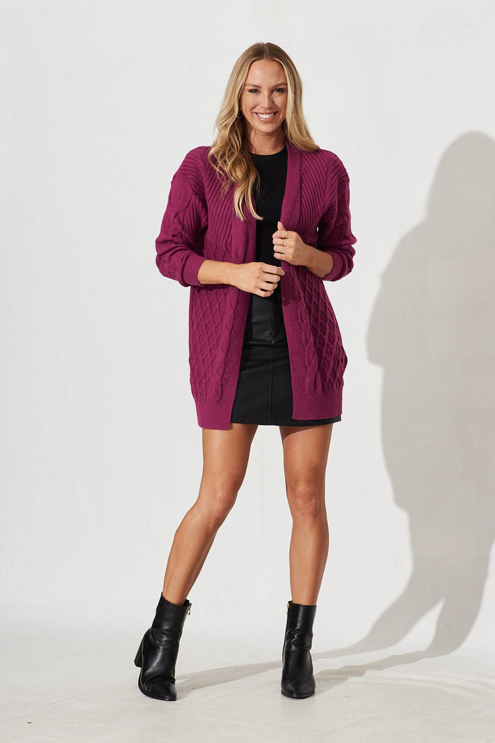 Okina Knit Cardigan In Magenta Wool Blend - full length