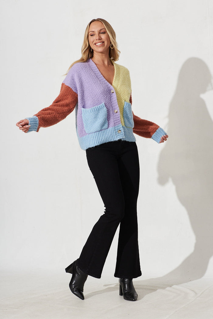 Malina Knit Cardigan In Blue Multi Colour Block Wool Blend - full length