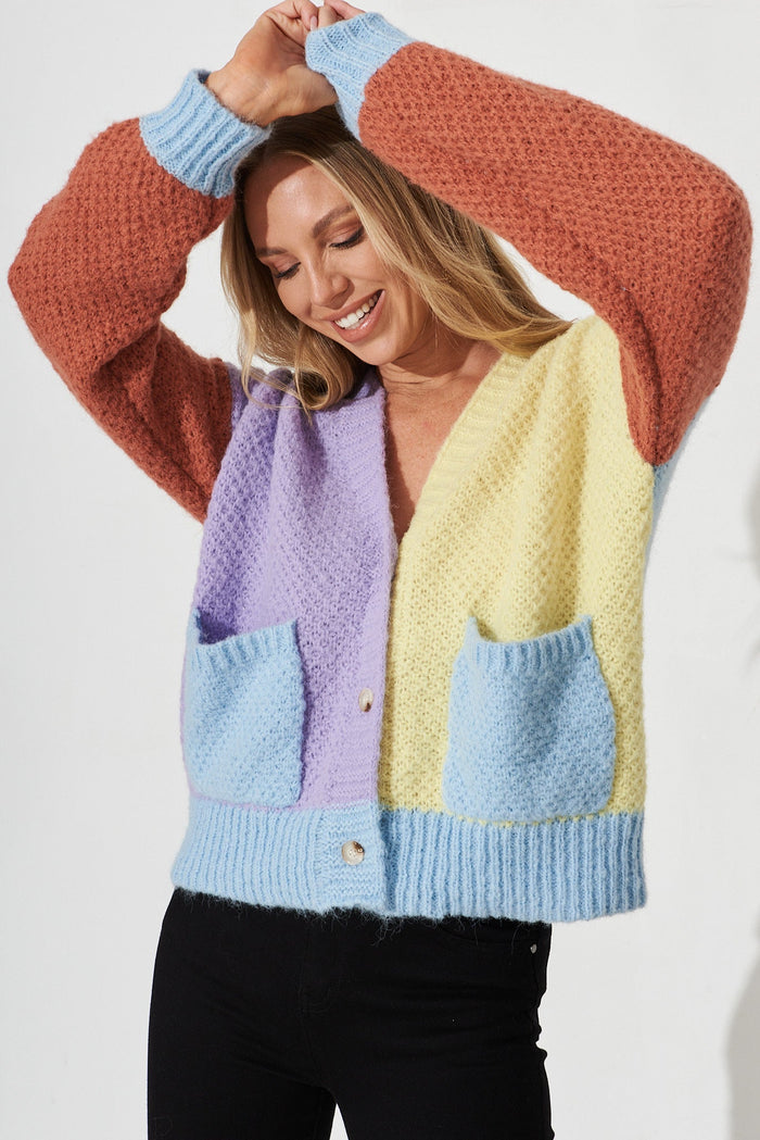 Malina Knit Cardigan In Blue Multi Colour Block Wool Blend - front