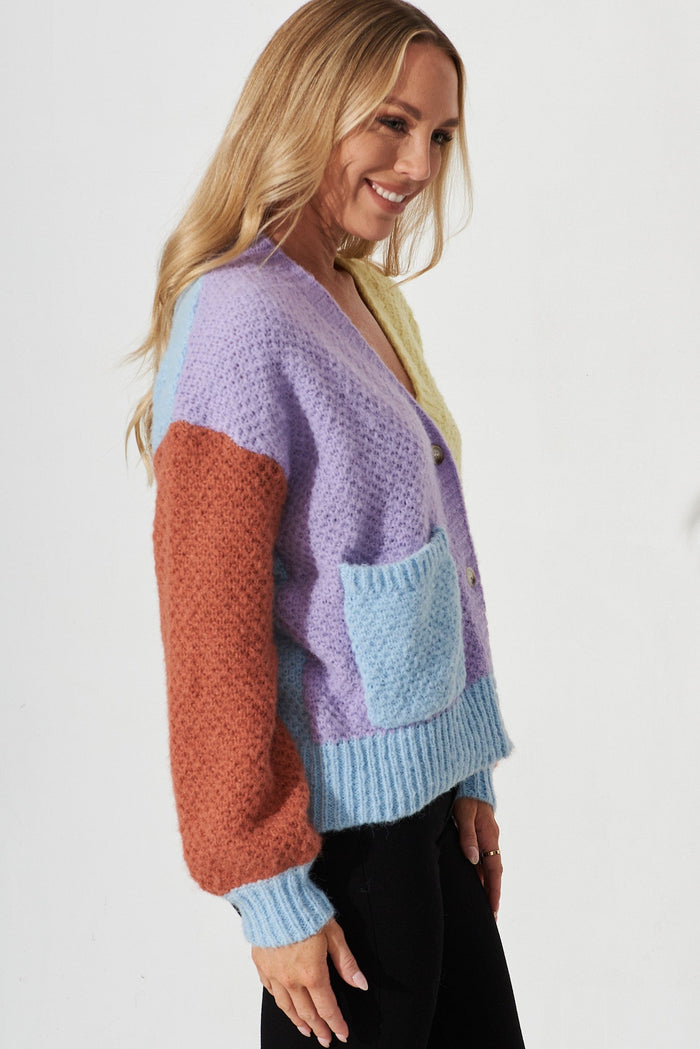 Malina Knit Cardigan In Blue Multi Colour Block Wool Blend - side