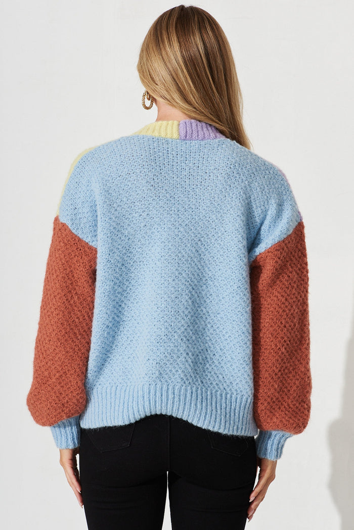 Malina Knit Cardigan In Blue Multi Colour Block Wool Blend - back