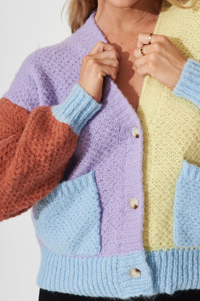 Malina Knit Cardigan In Blue Multi Colour Block Wool Blend - detail