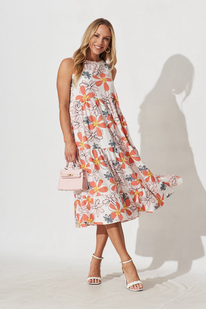 Langley Midi Smock Dress In White With Peach Floral - full length