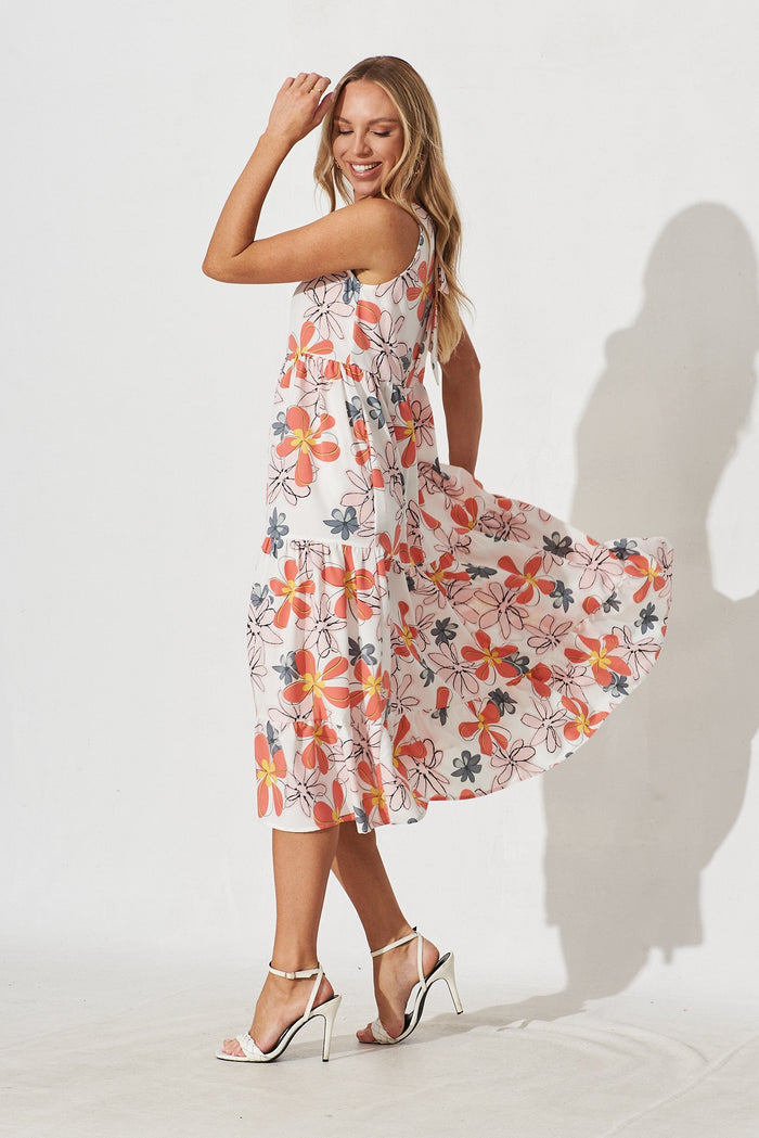 Langley Midi Smock Dress In White With Peach Floral - side