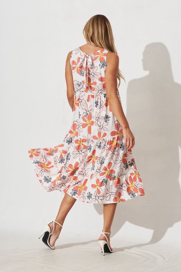 Langley Midi Smock Dress In White With Peach Floral - back