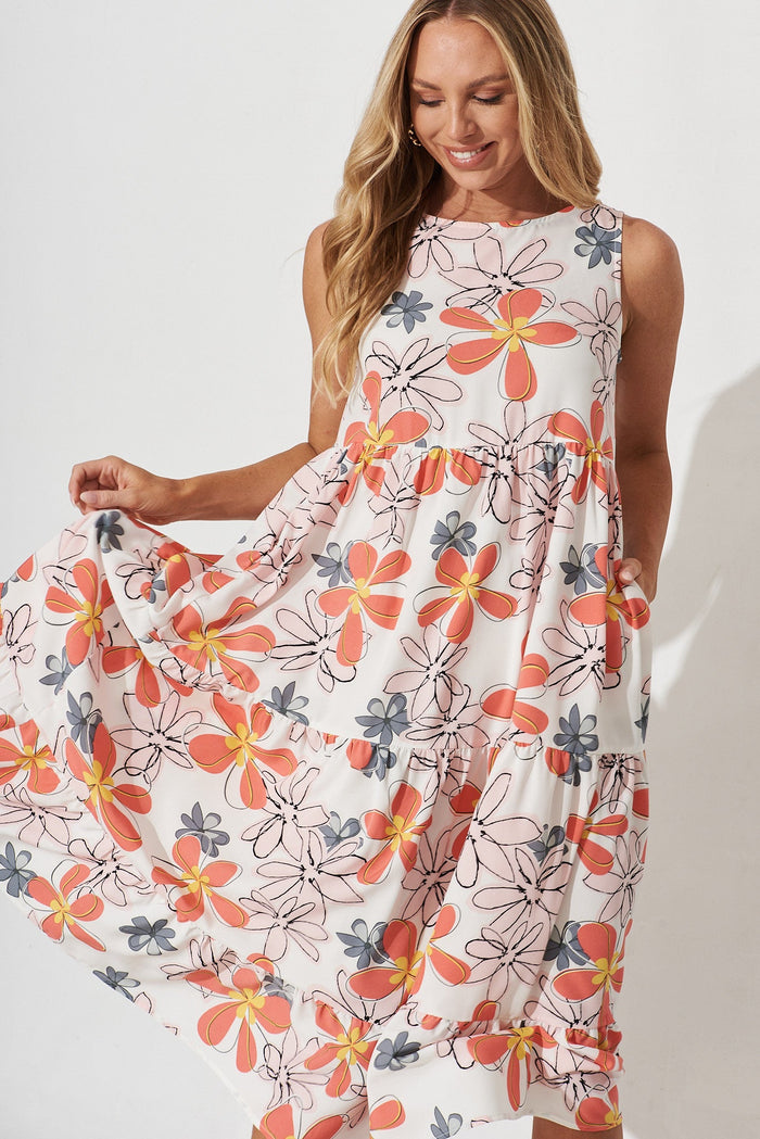Langley Midi Smock Dress In White With Peach Floral - front