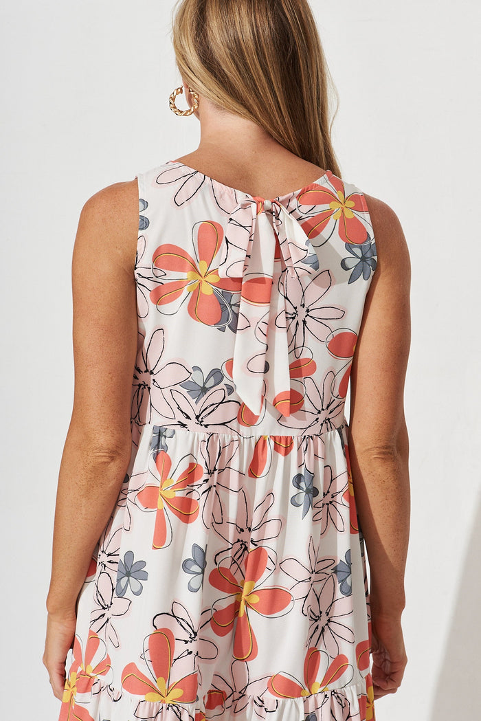 Langley Midi Smock Dress In White With Peach Floral - detail