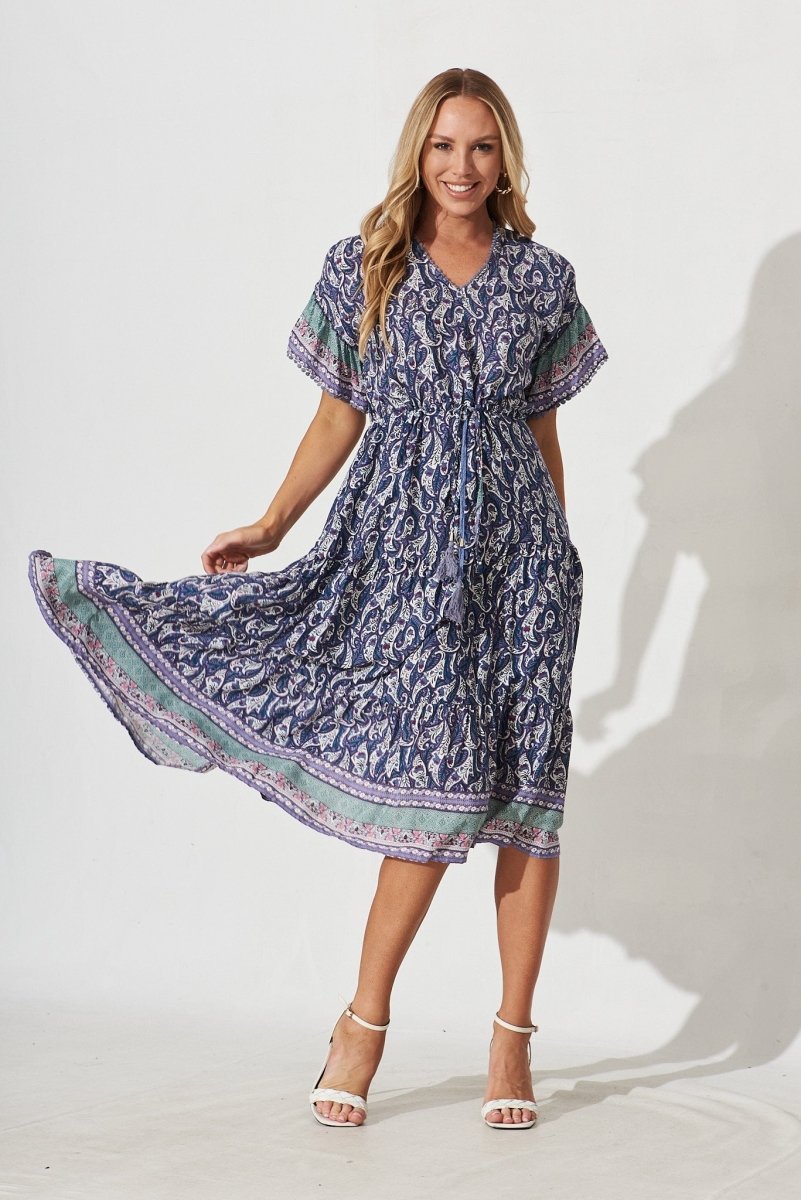 Carlota Midi Dress In Navy Paisley Boho Print - St Frock (Dev)