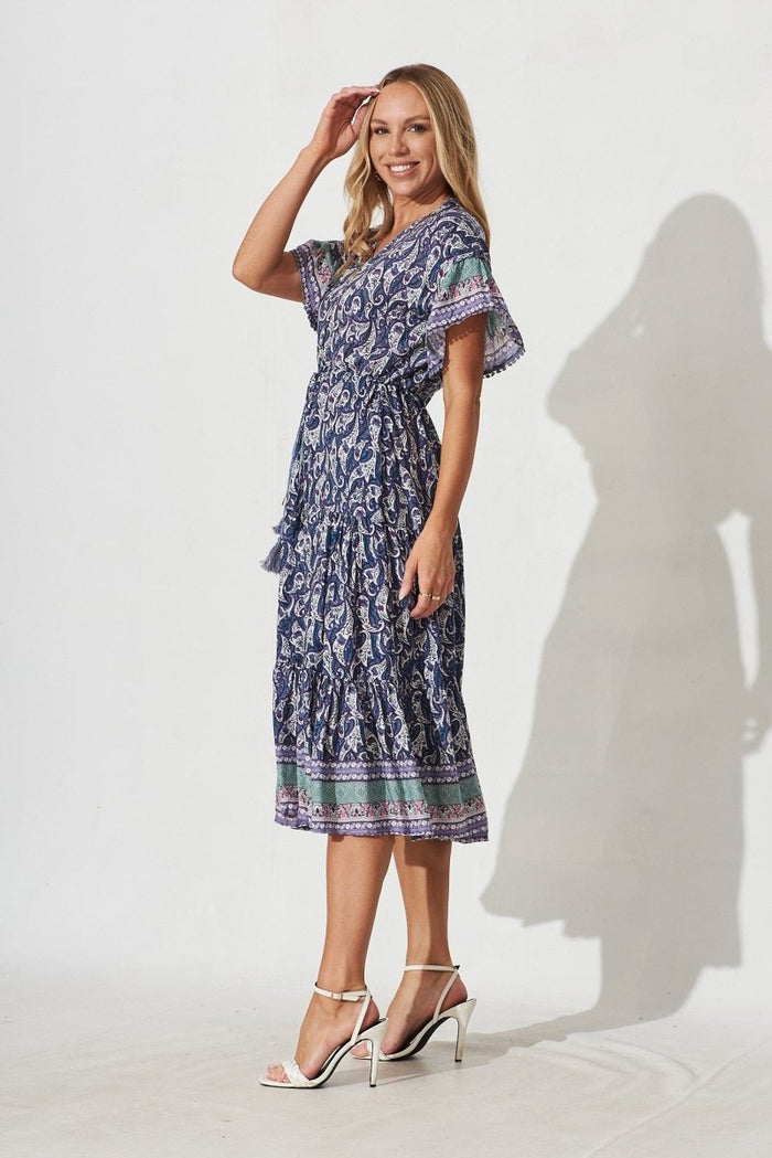 Carlota Midi Dress In Navy Paisley Boho Print - St Frock (Dev)