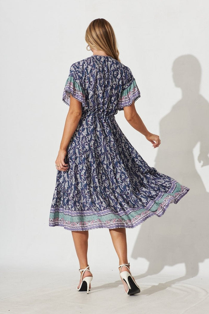 Carlota Midi Dress In Navy Paisley Boho Print - St Frock (Dev)
