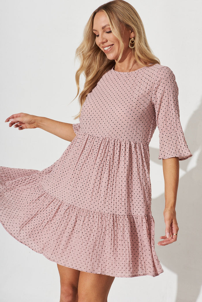 Kiyana Smock Dress In Pink With Black Dot - front