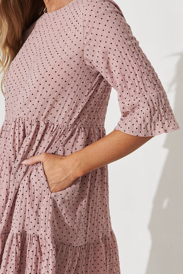 Kiyana Smock Dress In Pink With Black Dot - detail