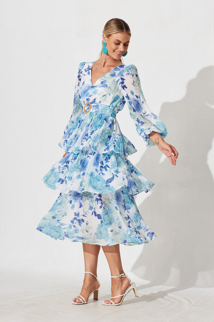 Elisa Midi Dress In White With Blue Floral Chiffon - full length