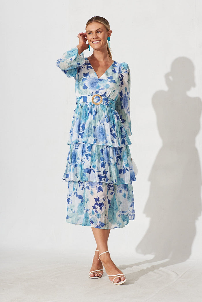 Elisa Midi Dress In White With Blue Floral Chiffon - full length