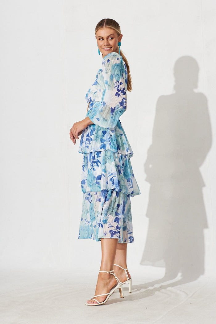 Elisa Midi Dress In White With Blue Floral Chiffon - side