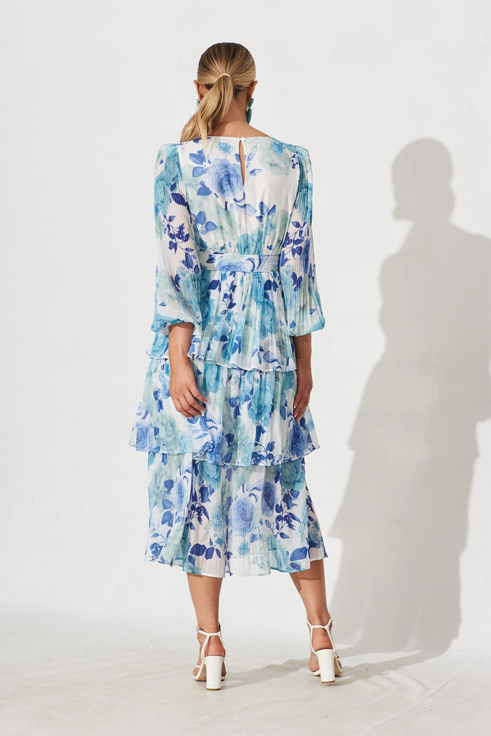 Elisa Midi Dress In White With Blue Floral Chiffon - back