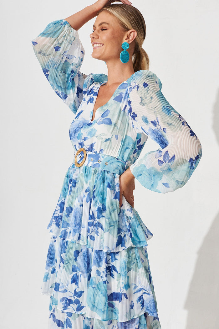 Elisa Midi Dress In White With Blue Floral Chiffon - front