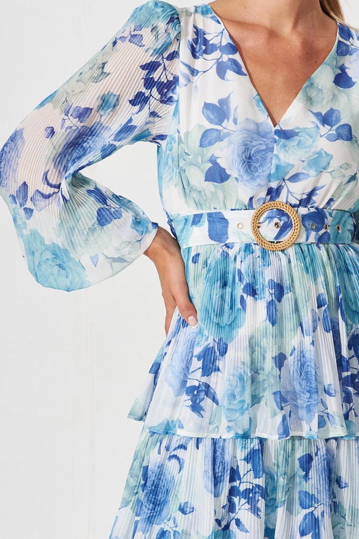 Elisa Midi Dress In White With Blue Floral Chiffon - detail