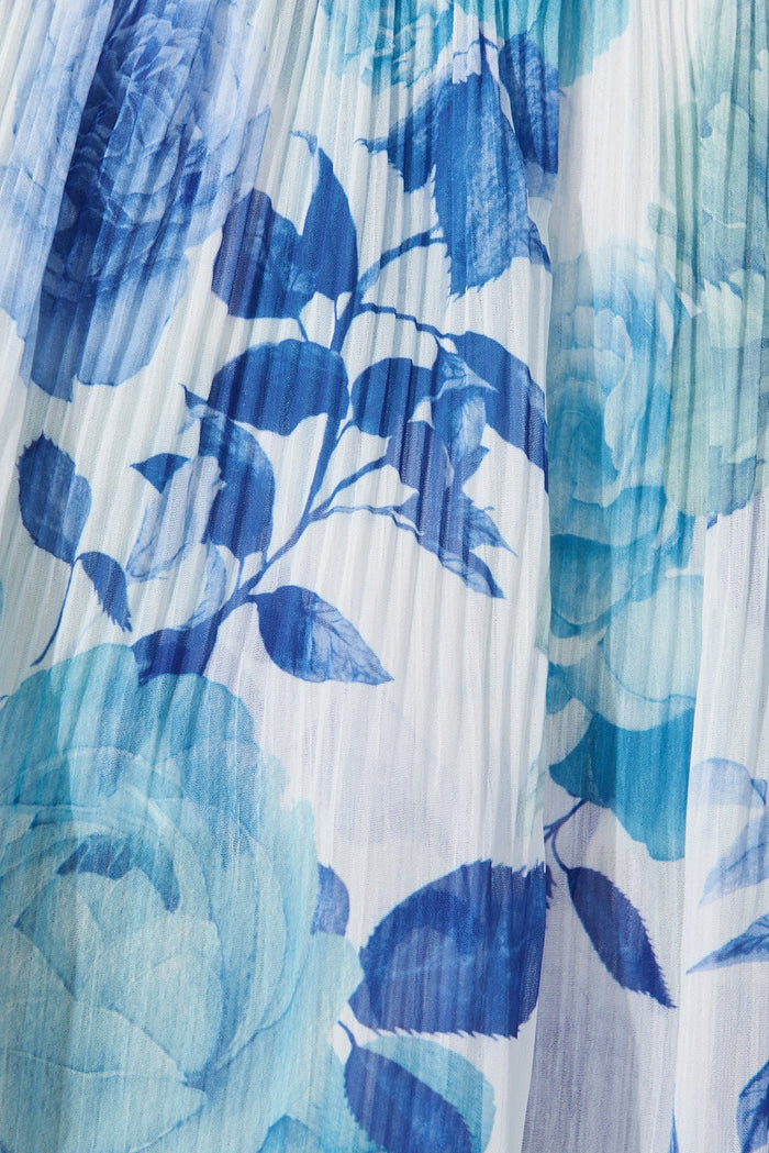 Elisa Midi Dress In White With Blue Floral Chiffon - fabric