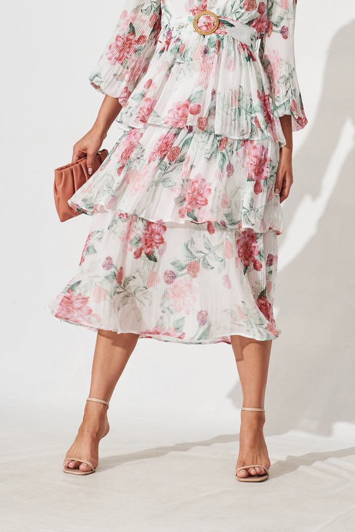 Elisa Midi Dress In White With Pink Floral Chiffon - detail