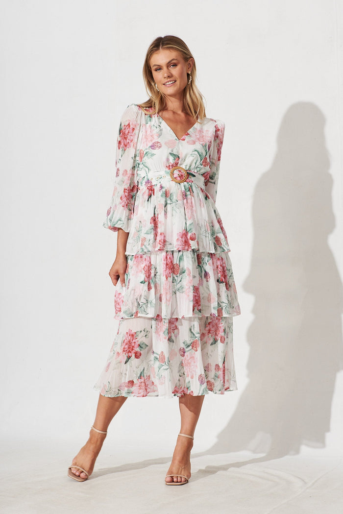 Elisa Midi Dress In White With Pink Floral Chiffon - full length