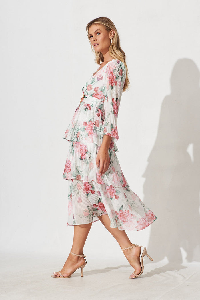 Elisa Midi Dress In White With Pink Floral Chiffon - side