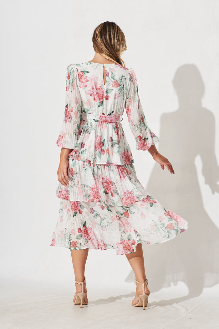 Elisa Midi Dress In White With Pink Floral Chiffon - back