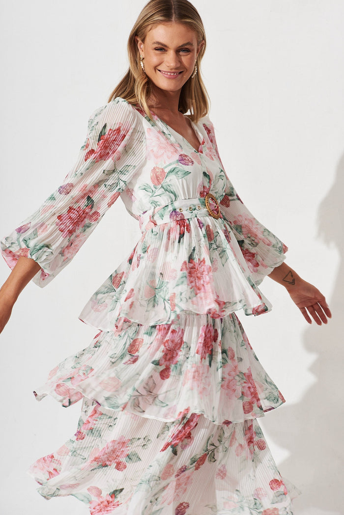 Elisa Midi Dress In White With Pink Floral Chiffon - front