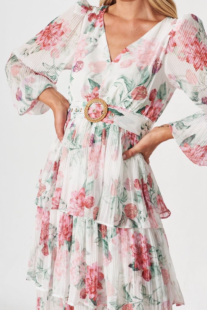 Elisa Midi Dress In White With Pink Floral Chiffon - detail