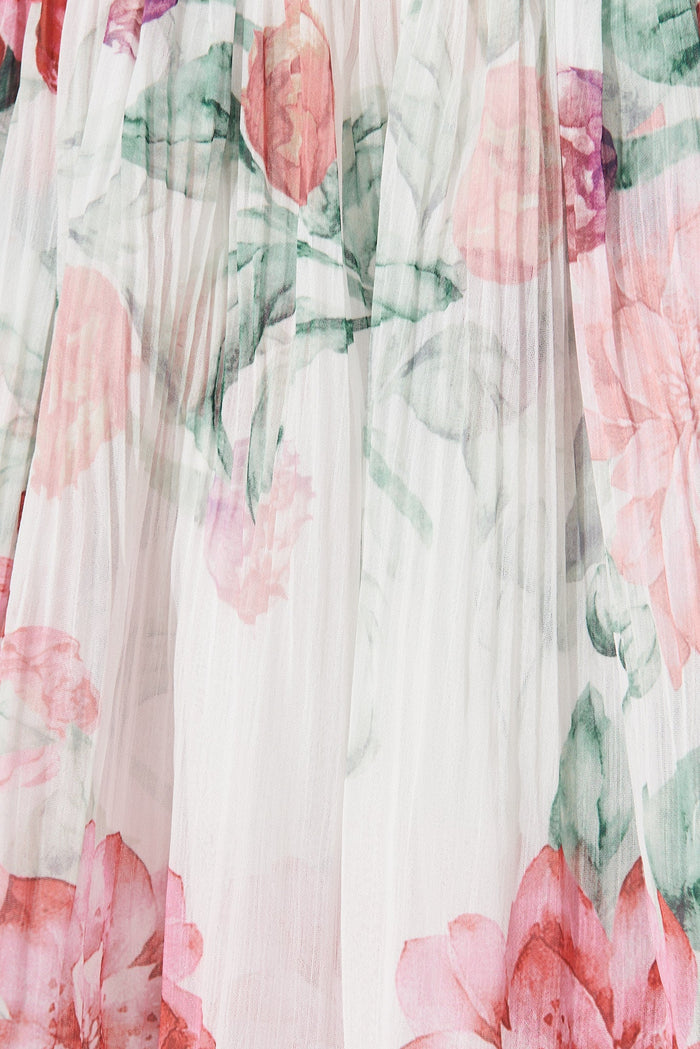 Elisa Midi Dress In White With Pink Floral Chiffon - fabric