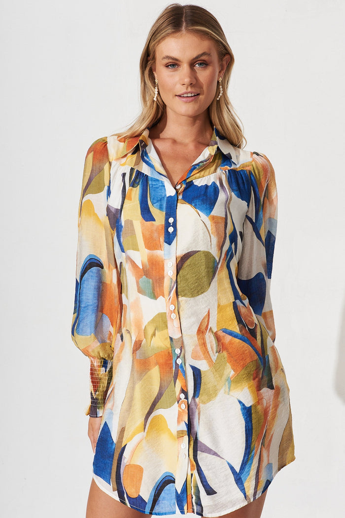 Vierzon Shirt Dress In White With Multi Floral - front