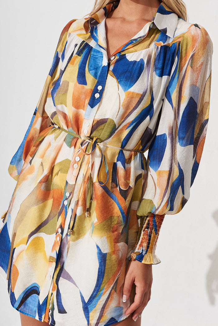 Vierzon Shirt Dress In White With Multi Floral - detail