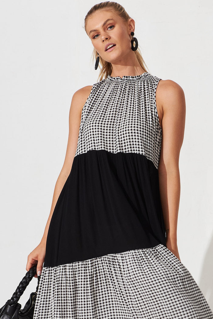 Abbotsford Midi Smock Dress In Black And White Gingham - front