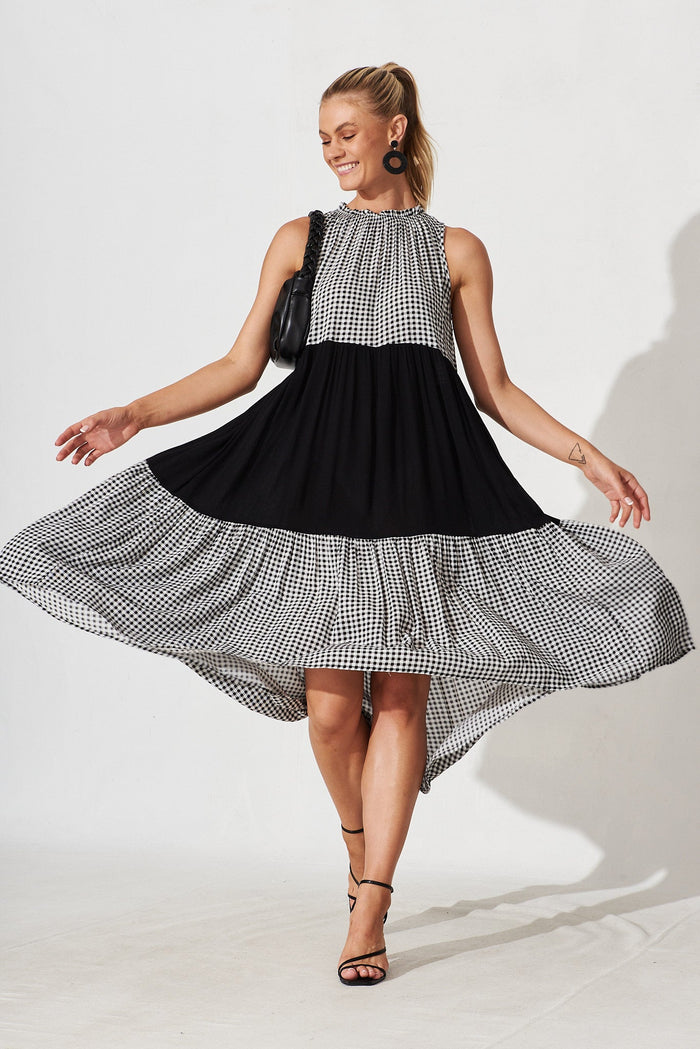 Abbotsford Midi Smock Dress In Black And White Gingham - full length