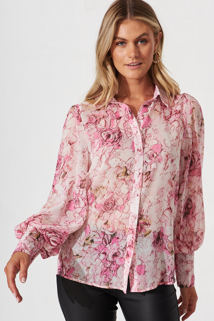 Frangipani Shirt In White With Pink Floral Chiffon - front