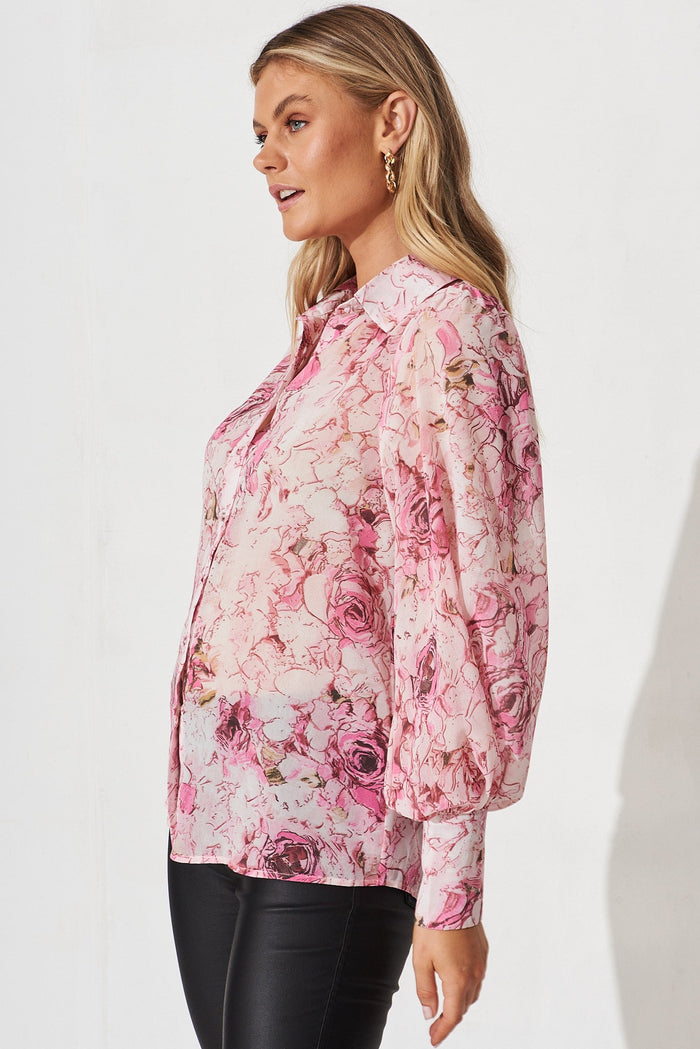 Frangipani Shirt In White With Pink Floral Chiffon - side