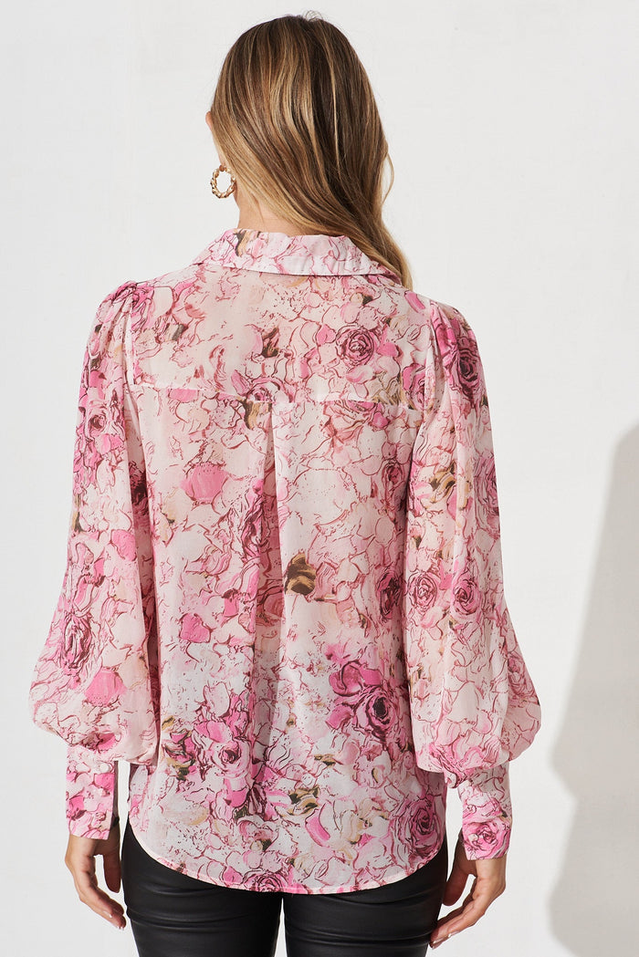 Frangipani Shirt In White With Pink Floral Chiffon - back