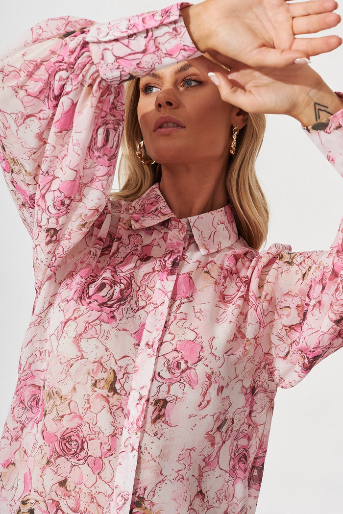 Frangipani Shirt In White With Pink Floral Chiffon - detail