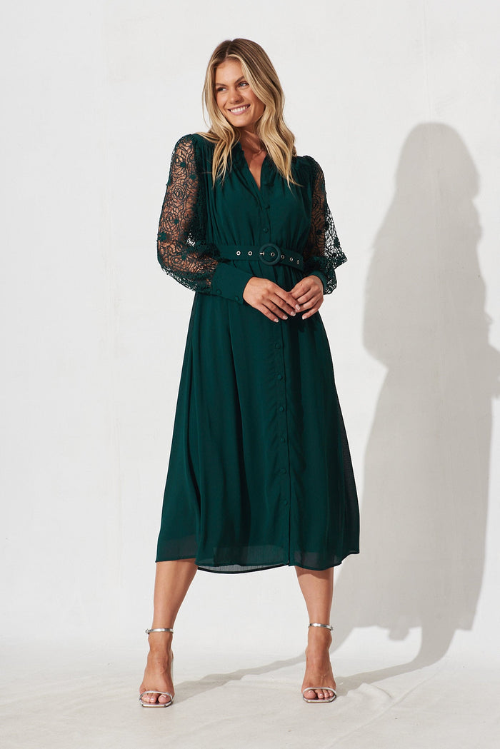 Farida Midi Shirt Dress In Emerald Green Chiffon - full length