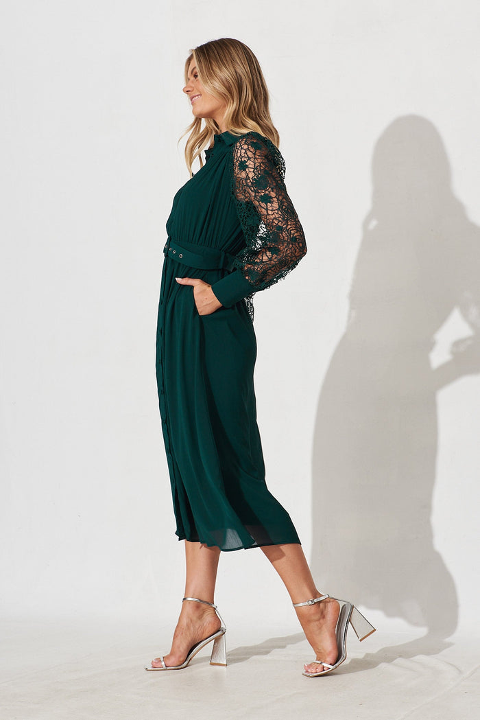 Farida Midi Shirt Dress In Emerald Green Chiffon - side