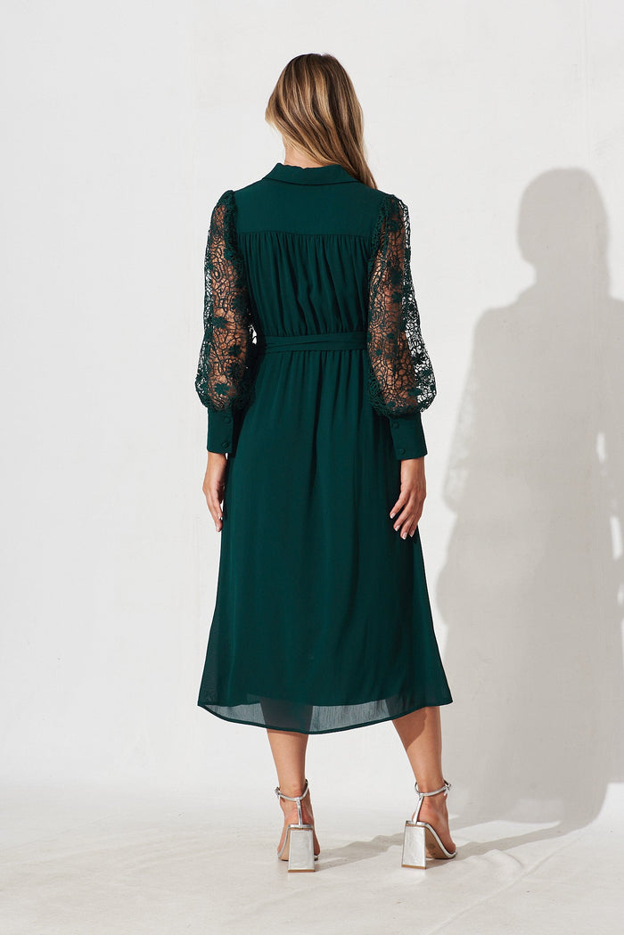 Farida Midi Shirt Dress In Emerald Green Chiffon - back