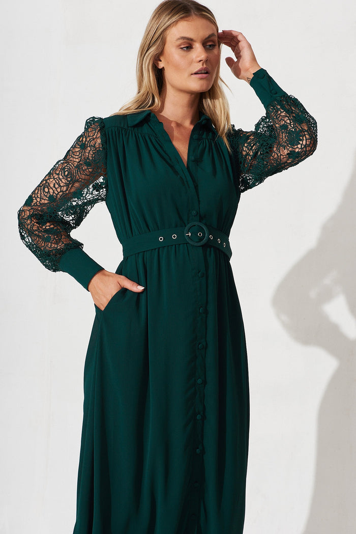 Farida Midi Shirt Dress In Emerald Green Chiffon - front