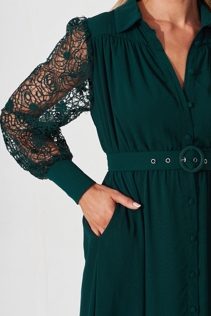 Farida Midi Shirt Dress In Emerald Green Chiffon - detail