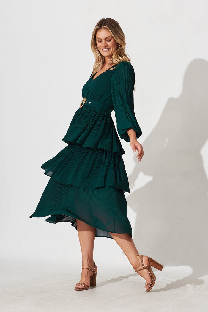 Elisa Midi Dress In Emerald Green Chiffon - full length