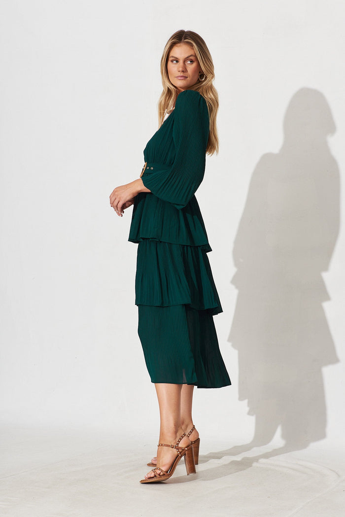 Elisa Midi Dress In Emerald Green Chiffon - side