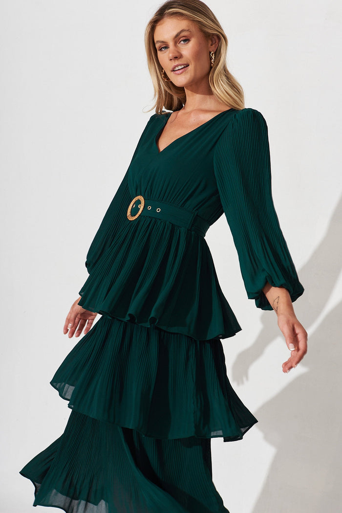 Elisa Midi Dress In Emerald Green Chiffon - front