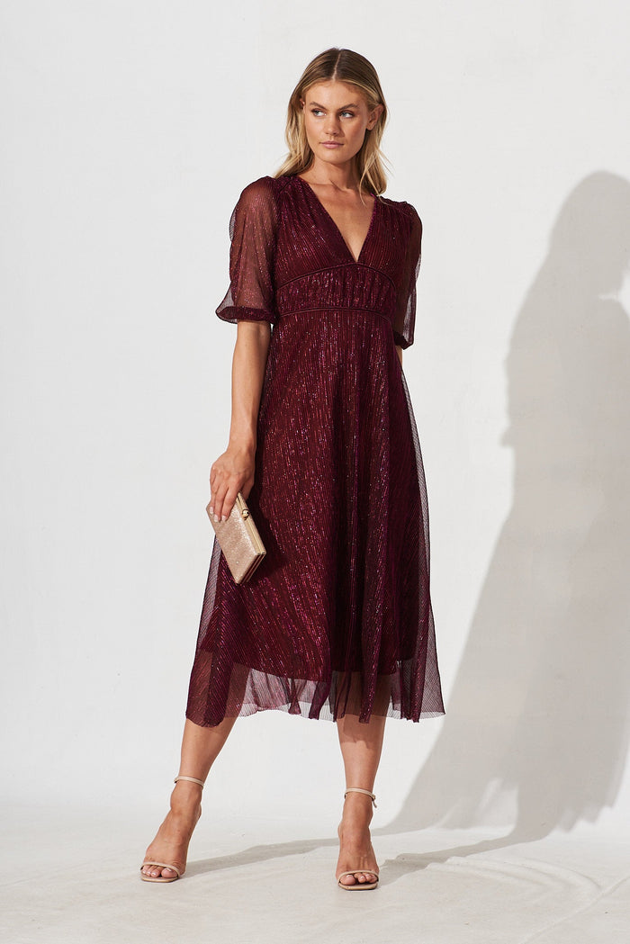 Mana Maxi Dress In Wine Lurex - full length